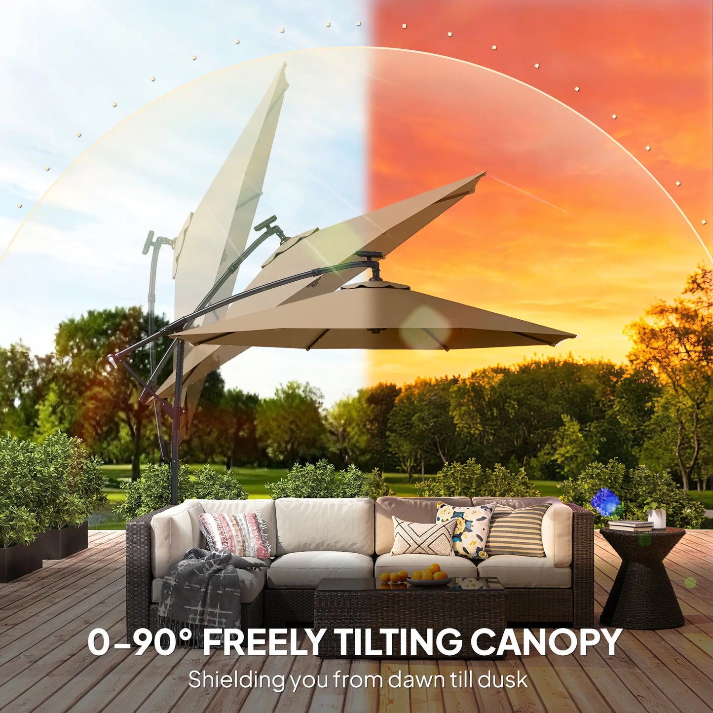 9.7 ft Cantilever Patio Umbrella, Solar Light, Tilt, Crank, Khaki Offset Cantilever Umbrellas at Gallery Canada