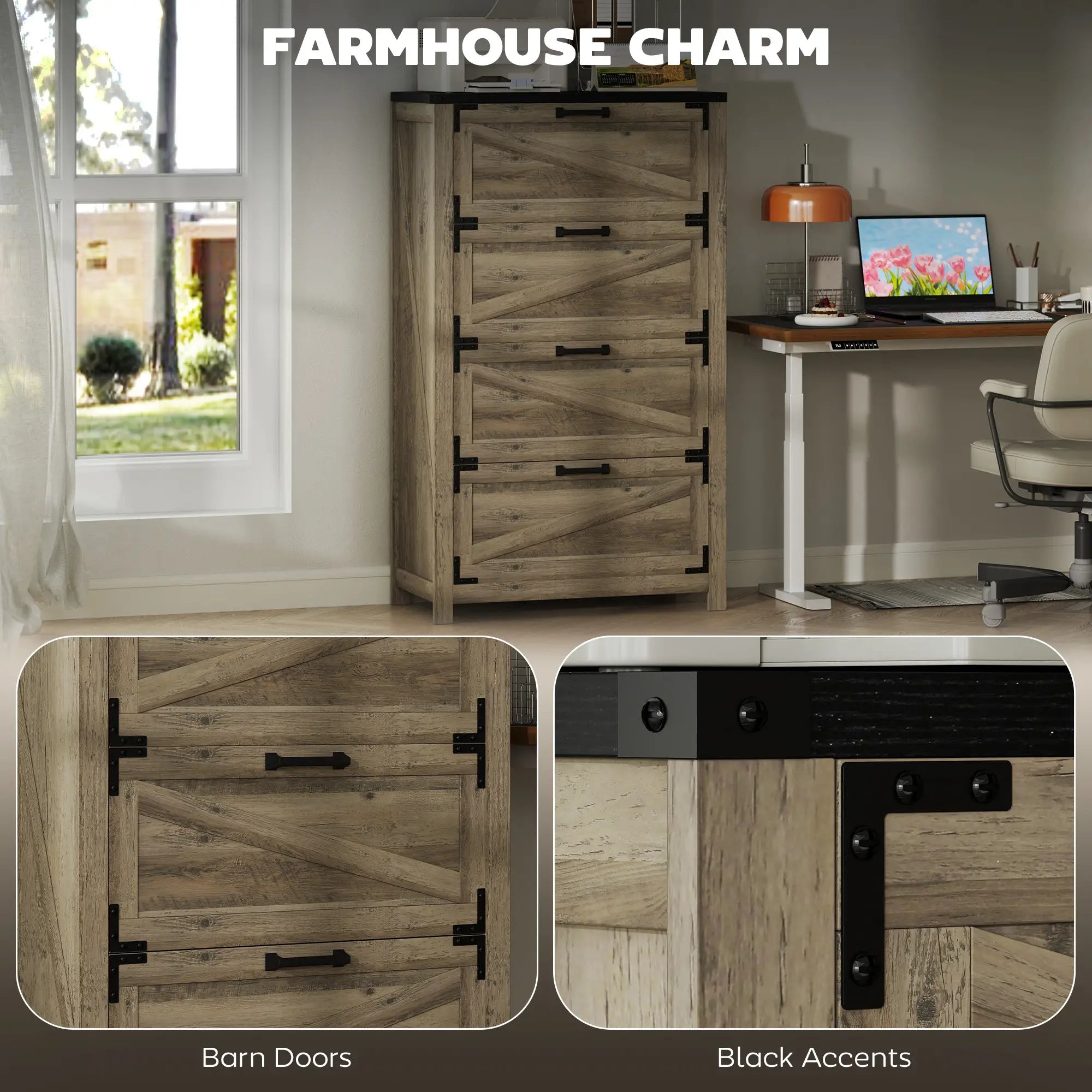 4 Drawer Filing Cabinet, Farmhouse Office Storage, Adjustable Hanging Bars, Letter, A4, Legal Size, Grey Office Cabinets & Cupboards at Gallery Canada