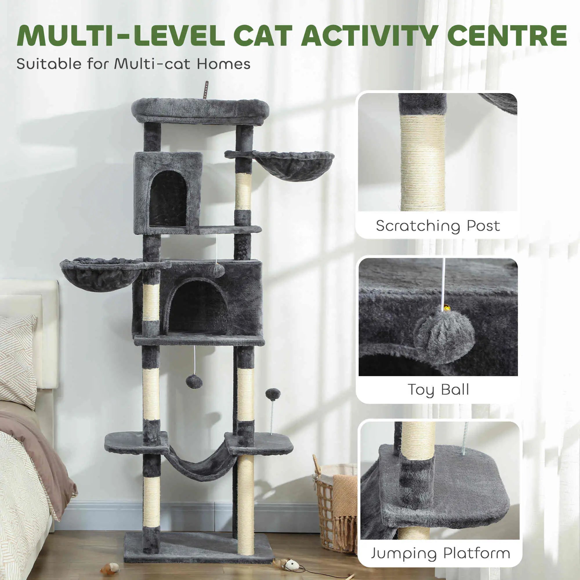 69 Inch Cat Tree, Multi-Level Tower, 2 Condos, Plush Perch, Sisal Posts, Dark Grey Cat Towers at Gallery Canada
