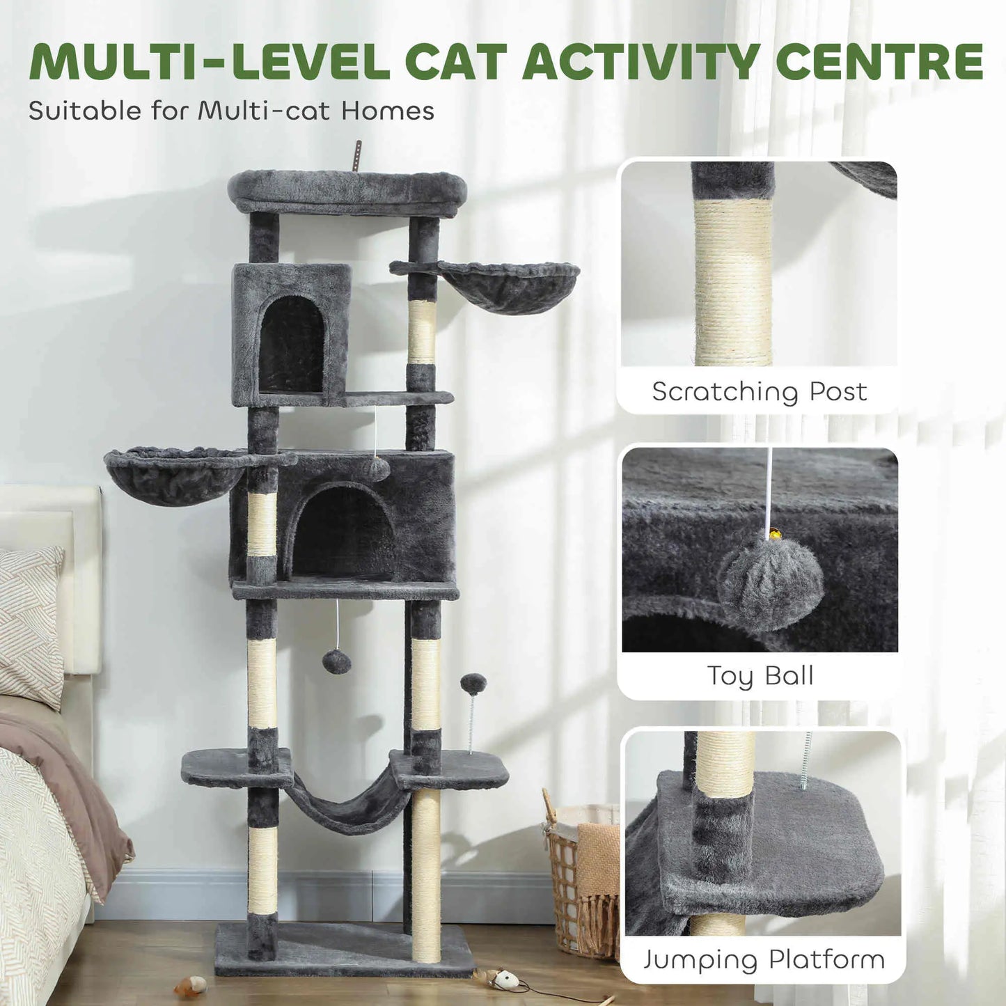 69 Inch Cat Tree, Multi-Level Tower, 2 Condos, Plush Perch, Sisal Posts, Dark Grey Cat Towers at Gallery Canada