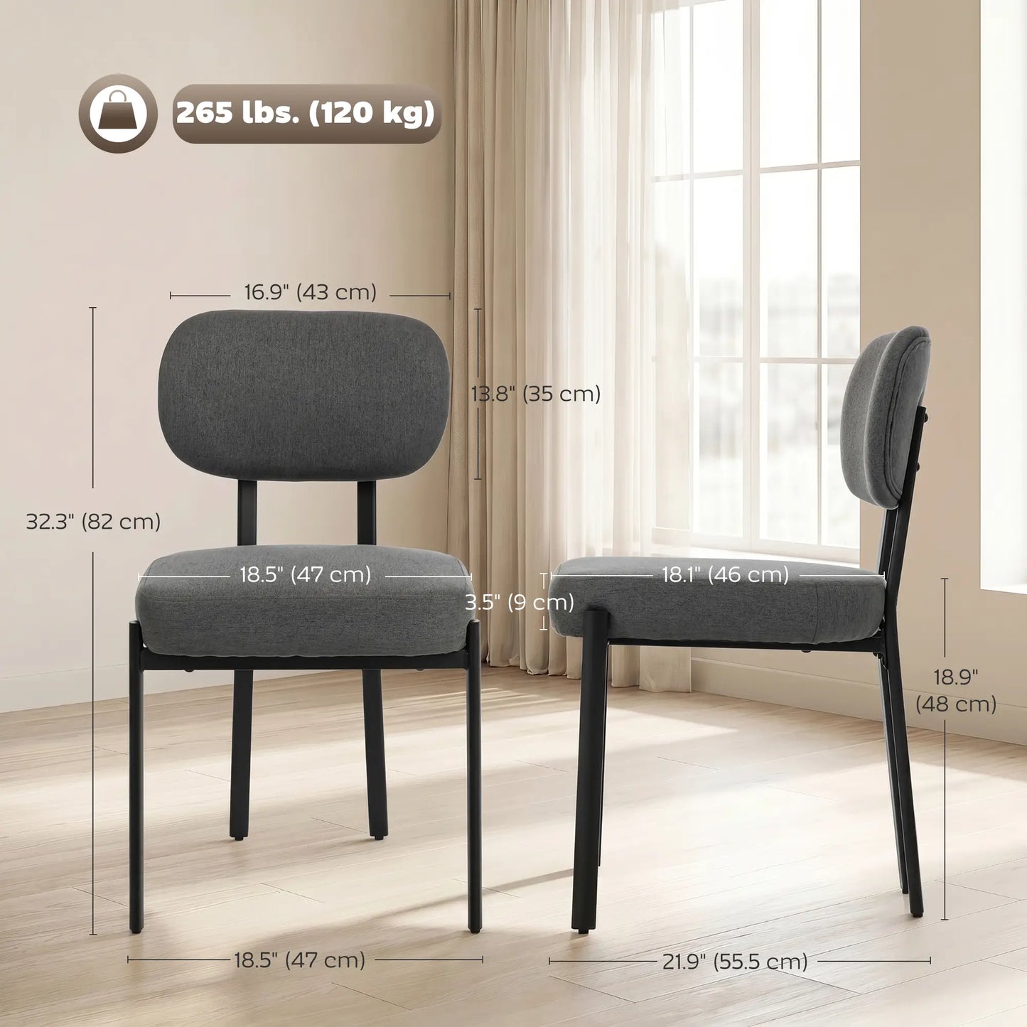 Set Of 2 Upholstered Grey Linen Kitchen Dining Chairs, Grey