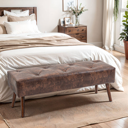 Bedroom Bench, End of Bed Bench with Button Tufted Design, PU Leather Upholstered Entryway Bench with Wood Legs, Brown