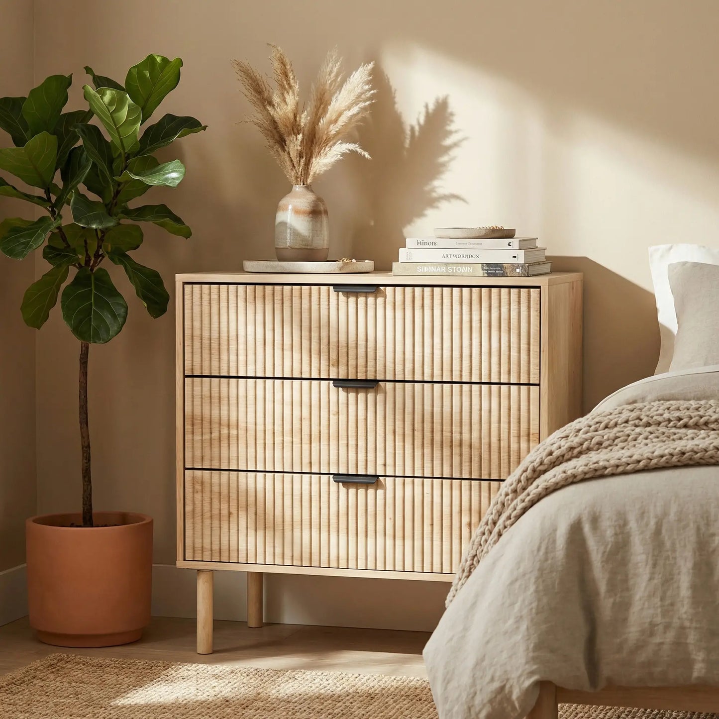 3 Drawer Dresser, Fluted Panels, Solid Wood Legs, Oak Storage Cabinets at Gallery Canada