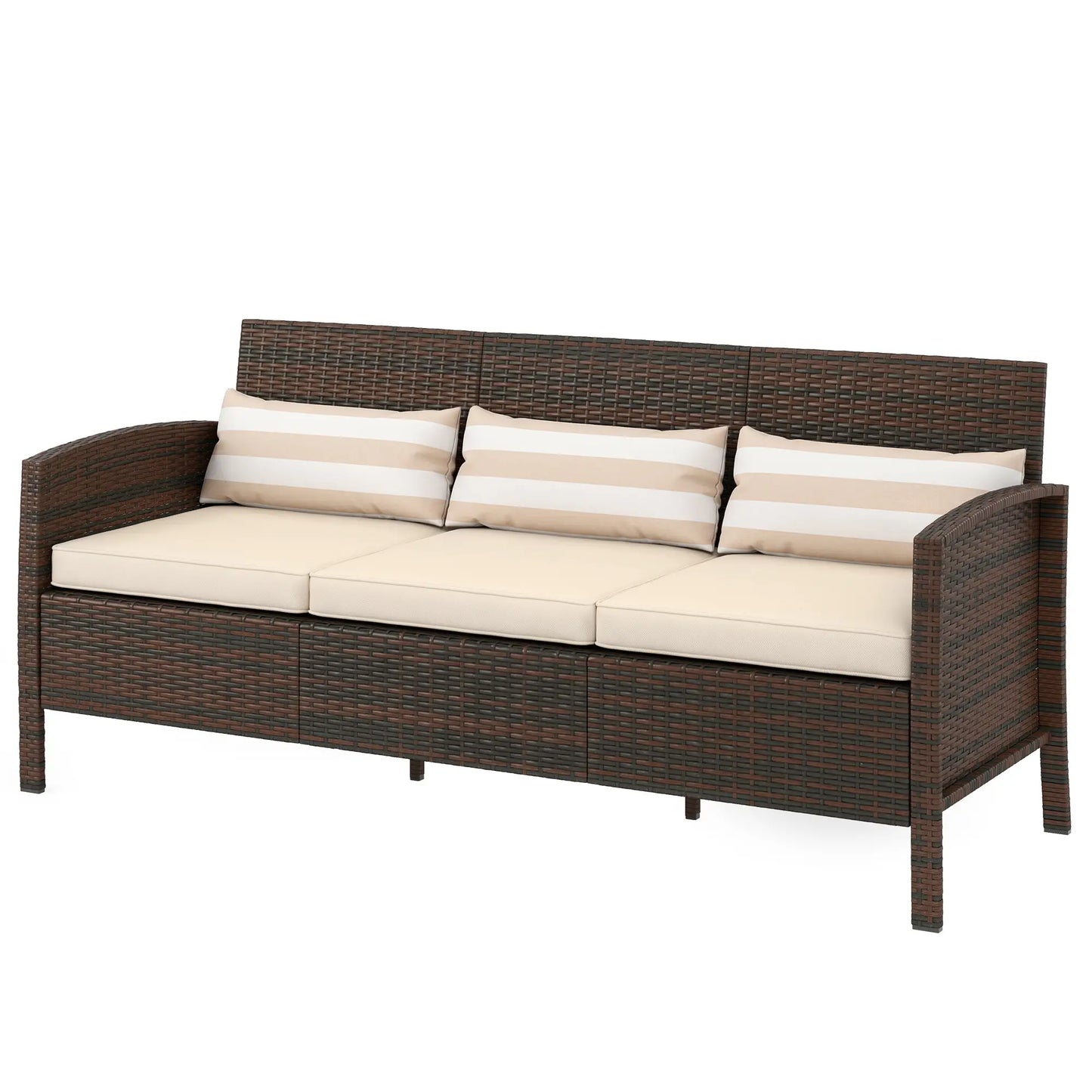 3-Seater Wicker Sofa, PE Rattan Outdoor Couch, Removable Cushions, Brown Patio Furniture Sets Brown Rattan, Khaki Cushion at Gallery Canada