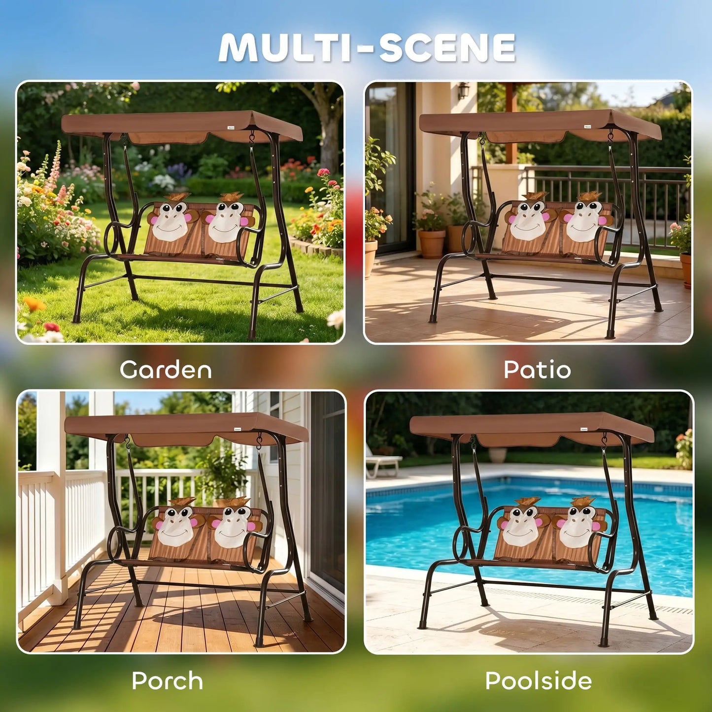 2-Seat Kids Porch Swing, Adjustable Canopy, Seat Belt, Monkey Pattern, 3-6 Years, Coffee Gym Sets & Swings at Gallery Canada