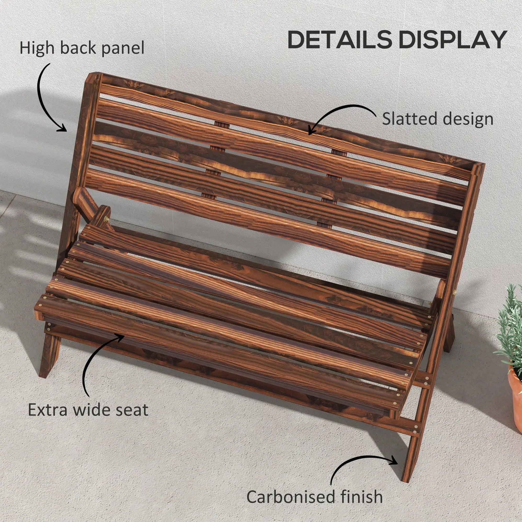 2-Seater Wooden Outdoor Bench, Foldable, Slatted Backrest, Carbonised Finish Outdoor Benches at Gallery Canada