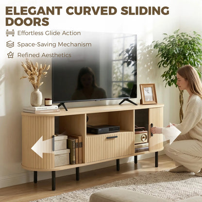 TV Stand for TVs up to 60", Modern Entertainment Center with Curved Sliding Doors and Storage, Natural Wood TV Stands at Gallery Canada