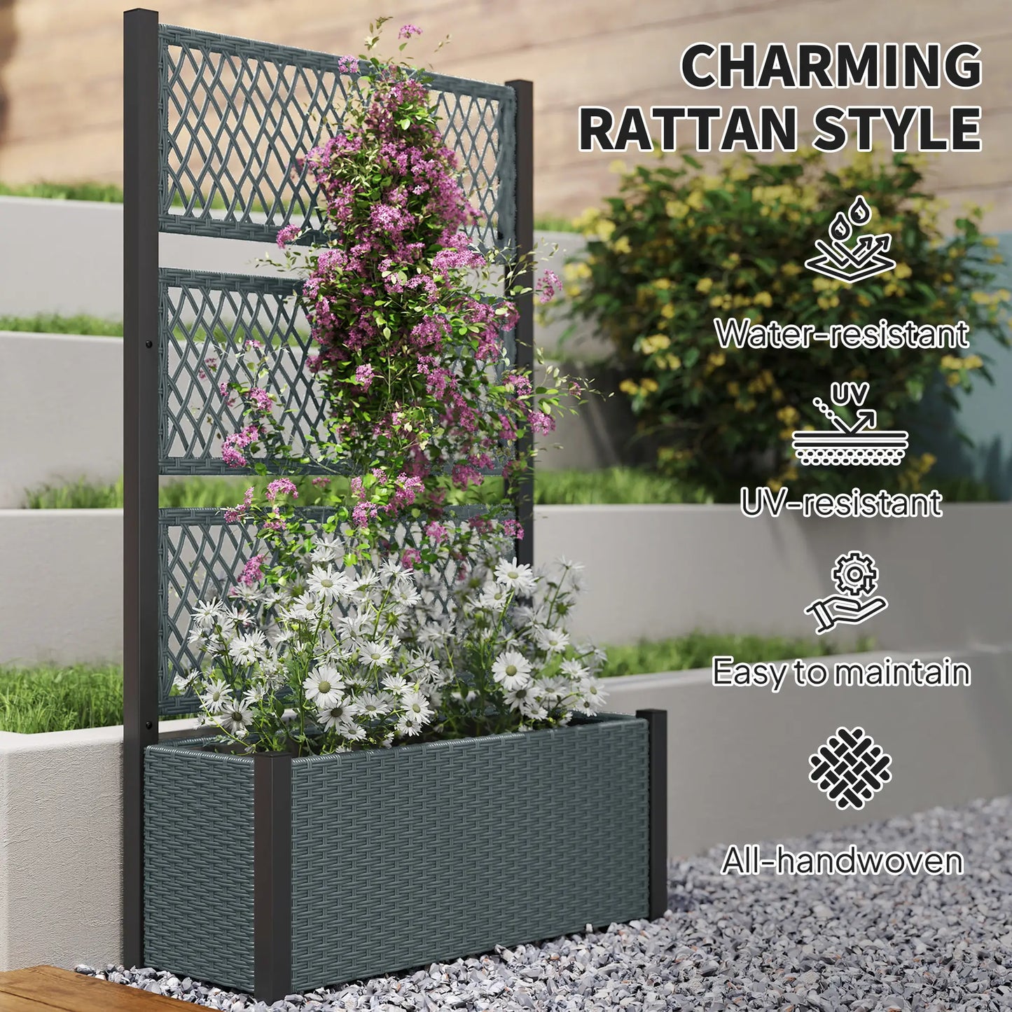 Wicker Outdoor Planter With Trellis, 58", Dark Grey Raised Garden Beds at Gallery Canada