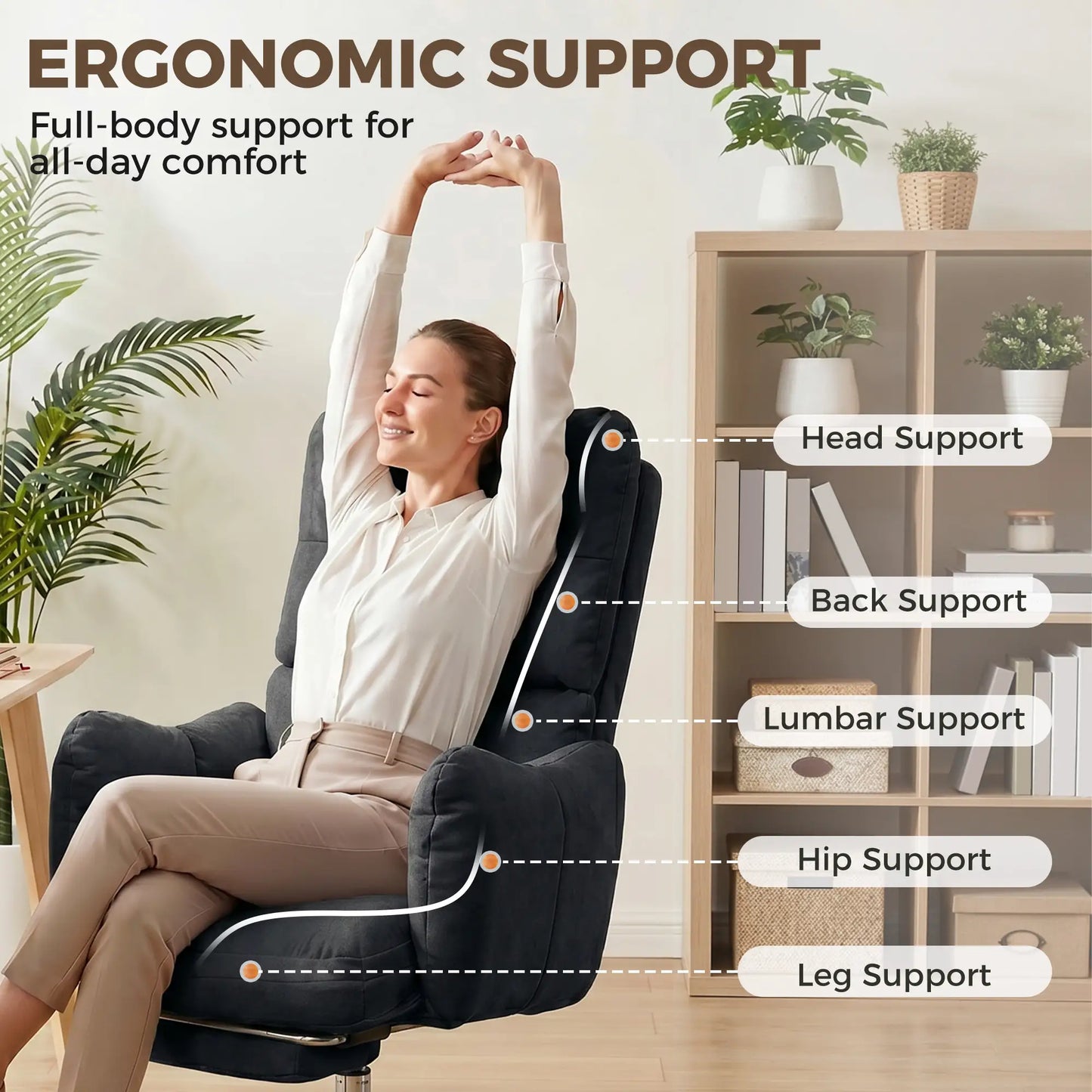 Ergonomic Office Gaming Chair With Foot Rest, Fabric, Black