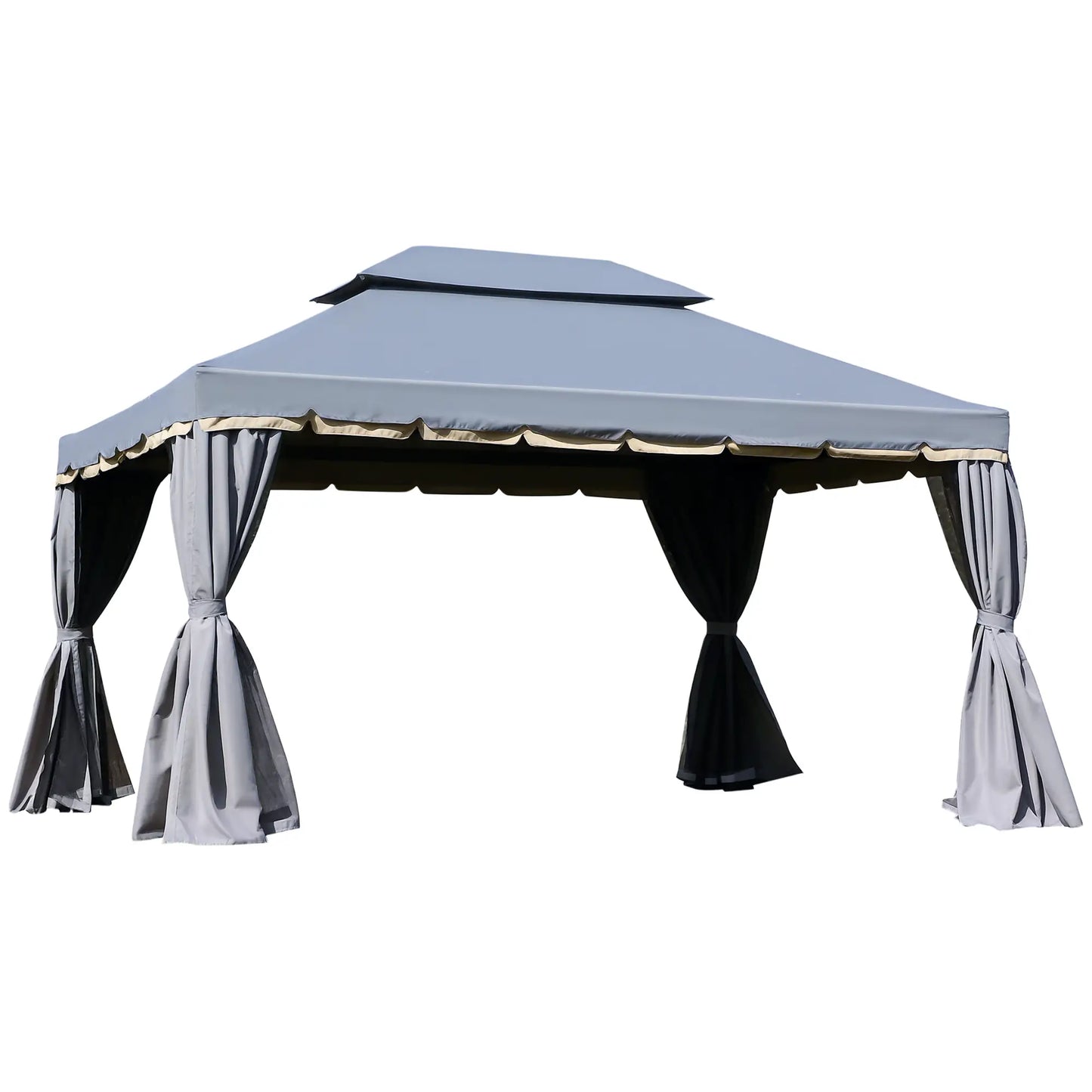 13' x 10' Patio Gazebo, 2-Tier Polyester Roof, Vented Mesh Sidewall, Aluminum Frame, Grey Gazebos Grey at Gallery Canada