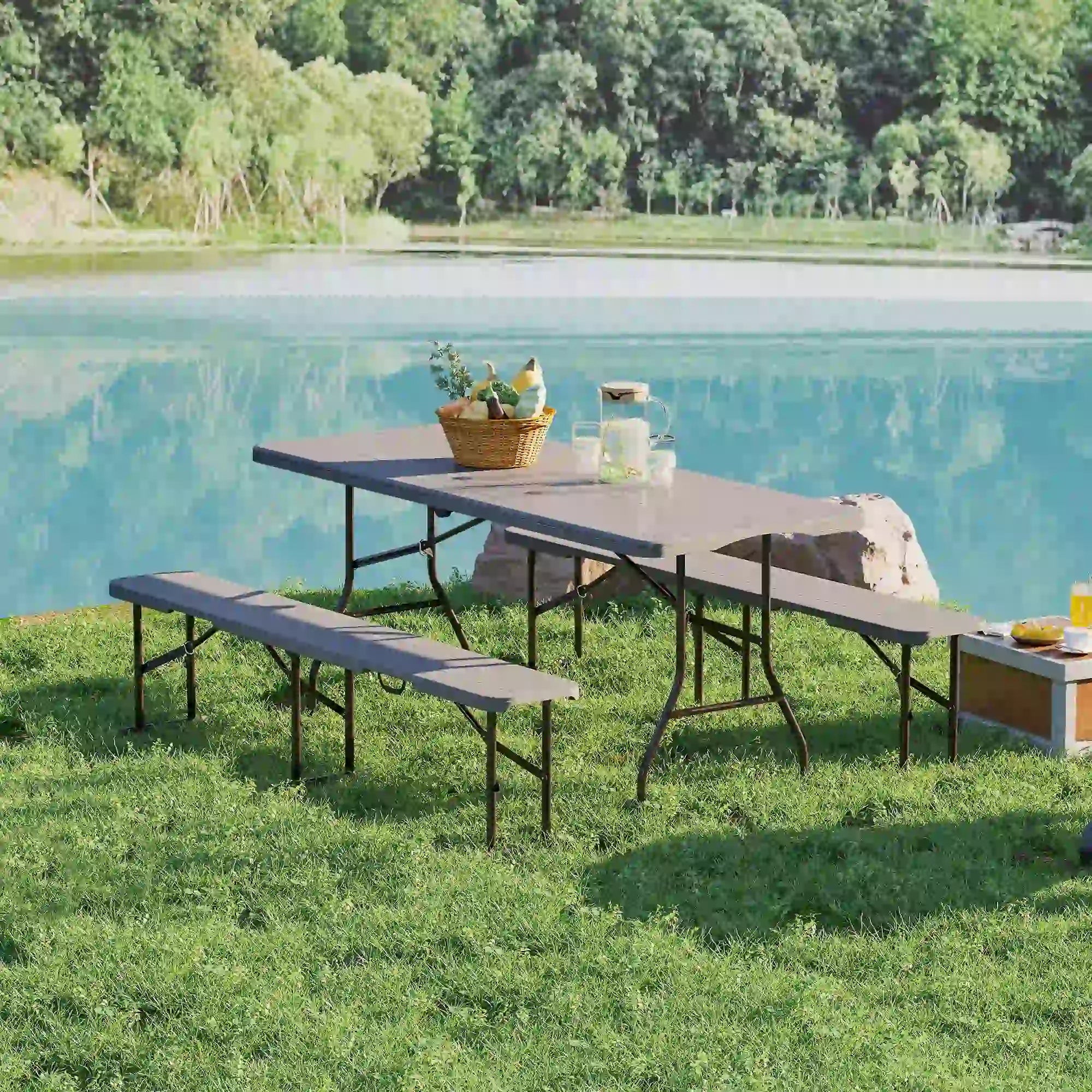 6FT 3PCS Faux Rattan Camping Table Bench Set, Brown Picnic Tables & Camping Chairs at Gallery Canada