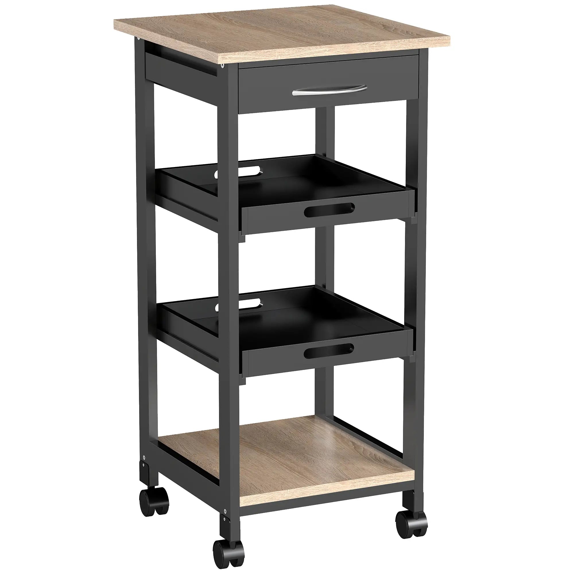 Kitchen Island Rolling Trolley, Utility Serving Cart with Drawer, Black Kitchen Islands & Kitchen Carts Black, Oak Veneered Top at Gallery Canada