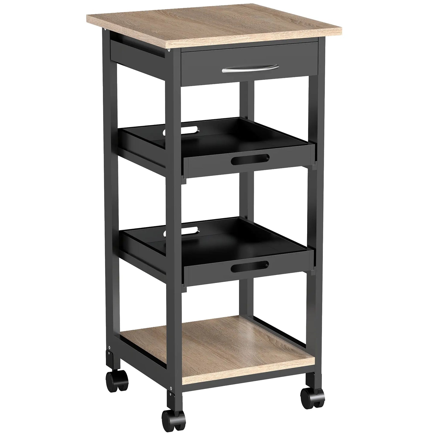 Kitchen Island Rolling Trolley, Utility Serving Cart with Drawer, Black Kitchen Islands & Kitchen Carts Black, Oak Veneered Top at Gallery Canada
