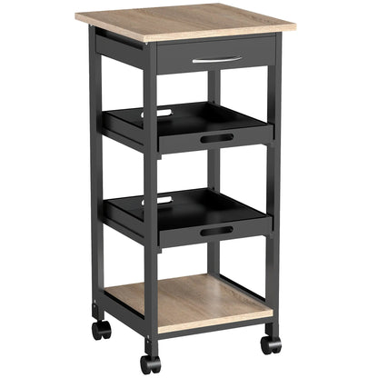 Kitchen Island Rolling Trolley, Utility Serving Cart with Drawer, Black Kitchen Islands & Kitchen Carts Black, Oak Veneered Top at Gallery Canada
