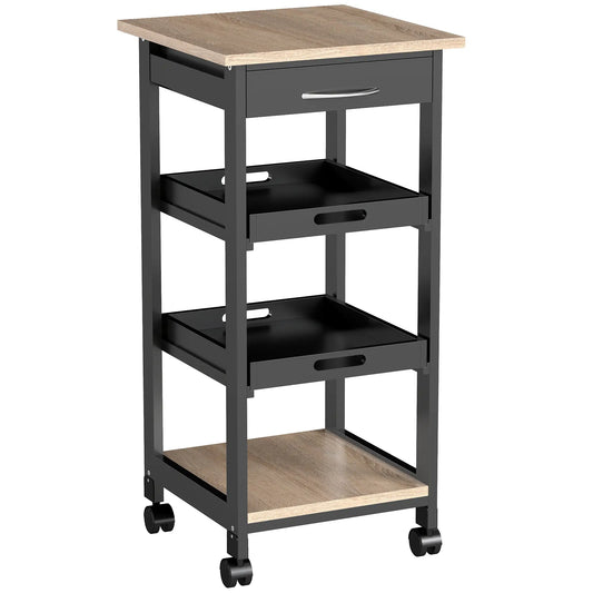 Kitchen Island Rolling Trolley, Utility Serving Cart with Drawer, Black Kitchen Islands & Kitchen Carts Black, Oak Veneered Top at Gallery Canada