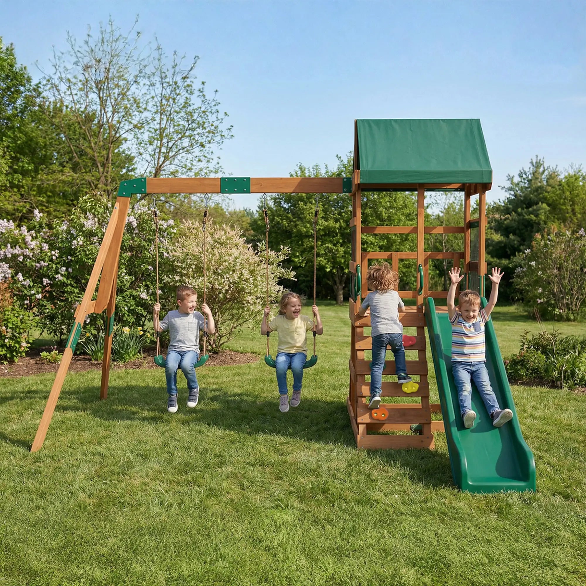 Wood Swing Set With Slide, 2 Swings, Rock Wall, Covered Deck Gym Sets & Swings at Gallery Canada