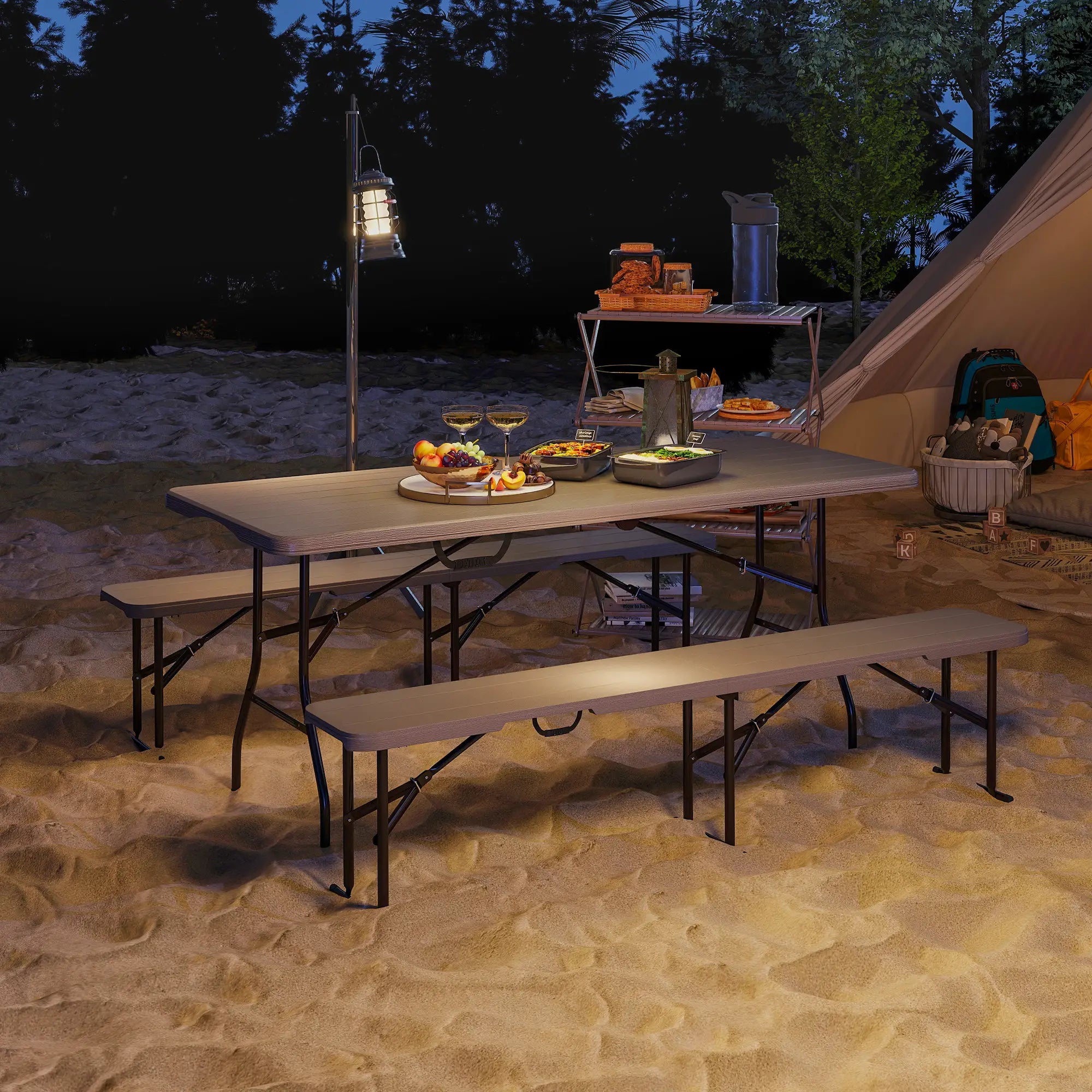 6FT 3PCS Faux Rattan Camping Table Bench Set, Brown Picnic Tables & Camping Chairs at Gallery Canada