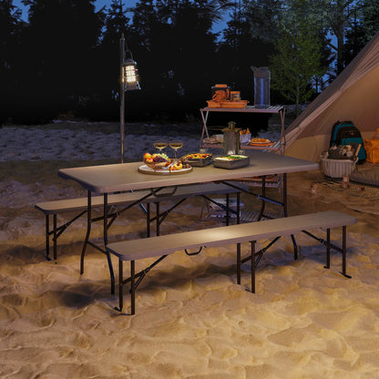 6FT 3PCS Faux Rattan Camping Table Bench Set, Brown Picnic Tables & Camping Chairs at Gallery Canada