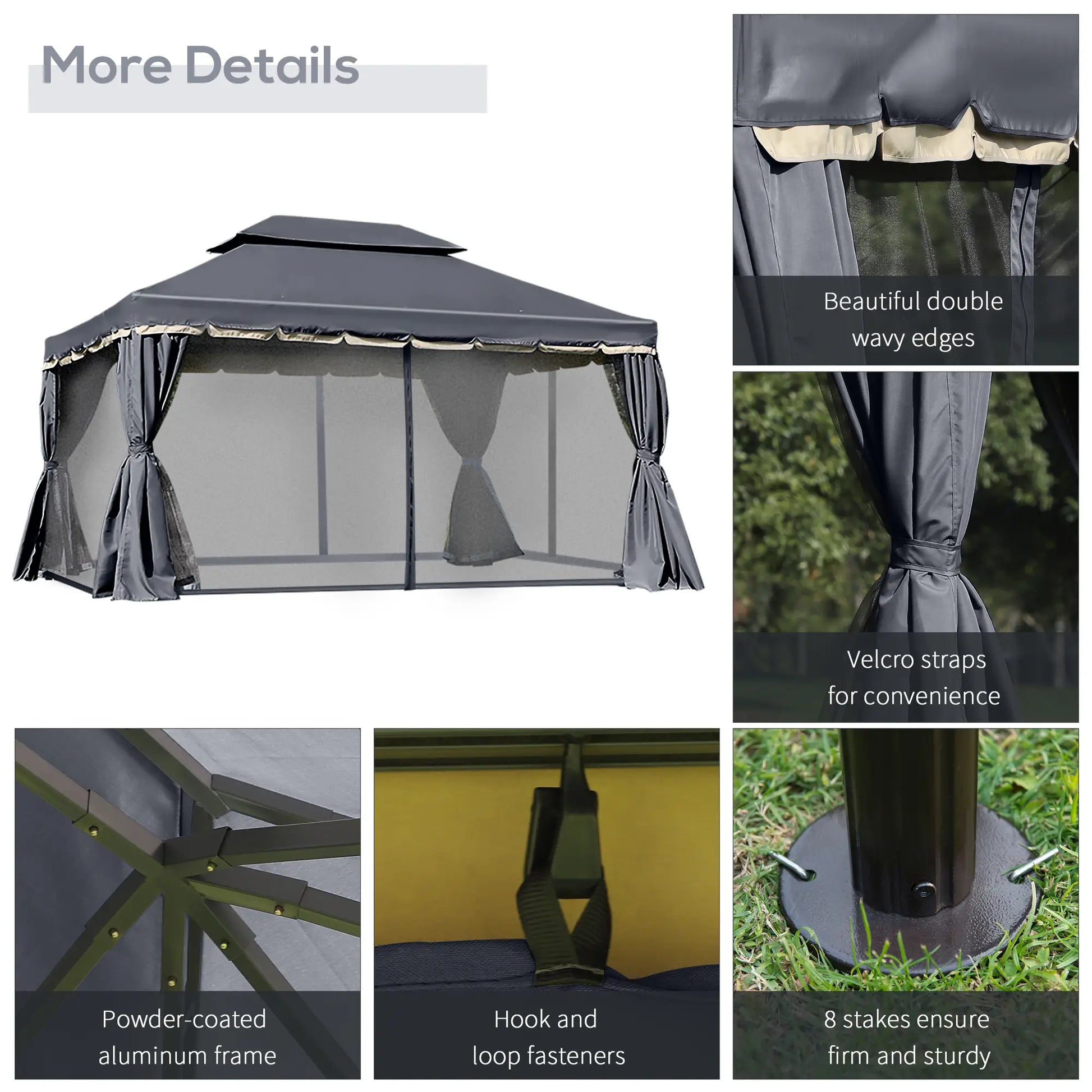 13' x 10' Outdoor Gazebo, 2-Tier Polyester Roof, Vented Mesh, Black Gazebos at Gallery Canada