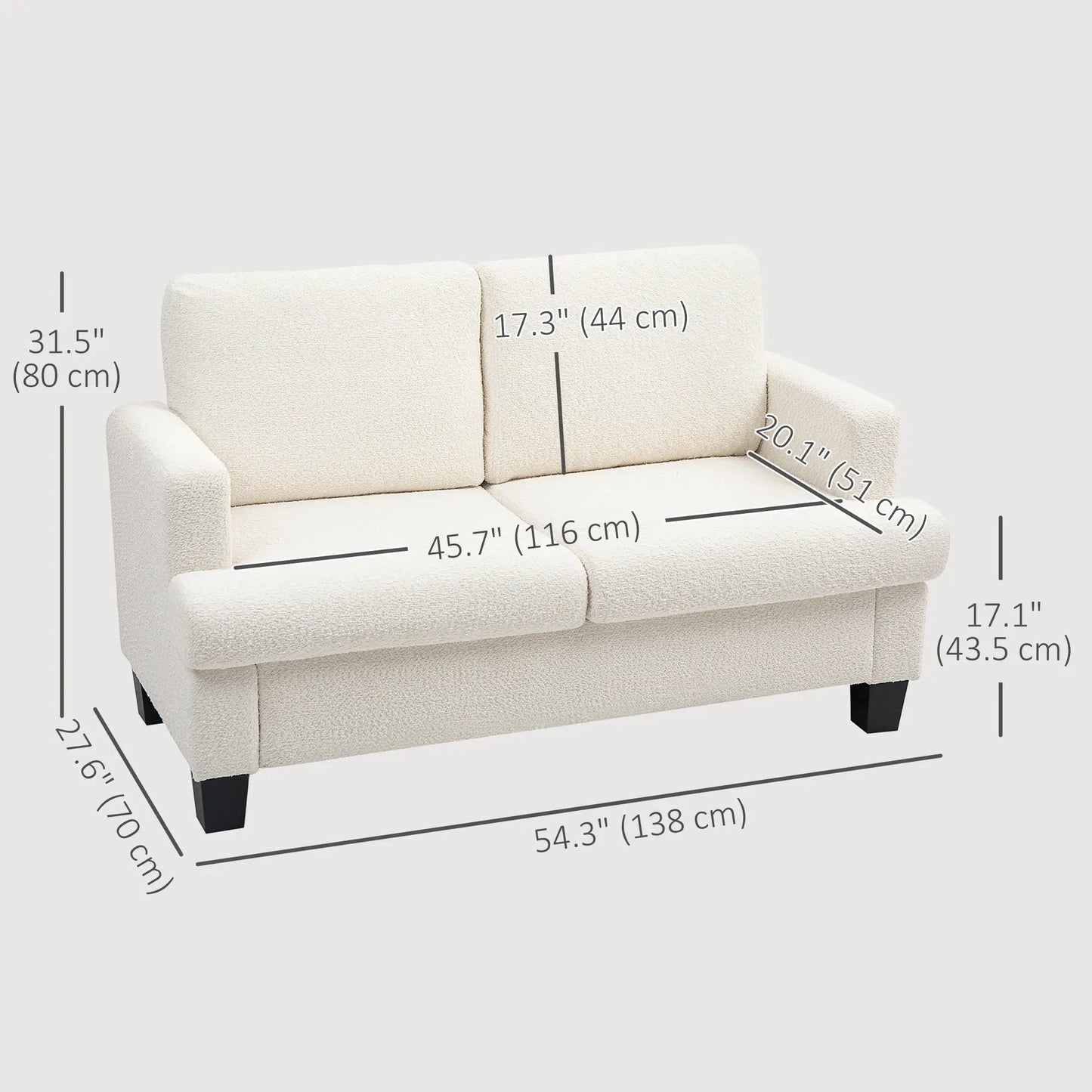 54.3" Loveseat Sofa, 2 Seater, Removable Cushions, Wood Frame, Cream White 2-Seater Sofas at Gallery Canada