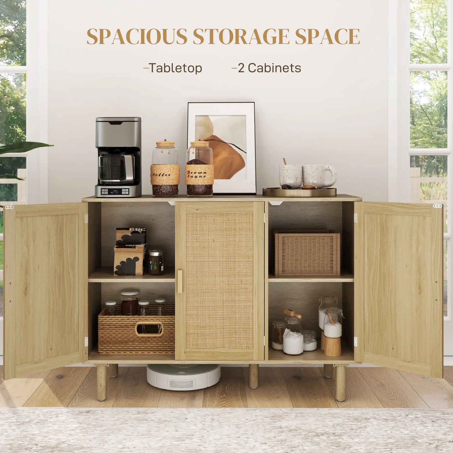 Bohemian Sideboard, 46.9" Buffet Cabinet, 3 Rattan Doors, Shelves, Oak Storage Cabinets at Gallery Canada