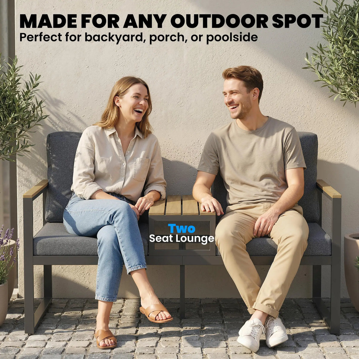 Outdoor Garden Bench With Integrated Table, 2 Seater Patio Loveseat, 136 cm, Grey Outdoor Benches at Gallery Canada