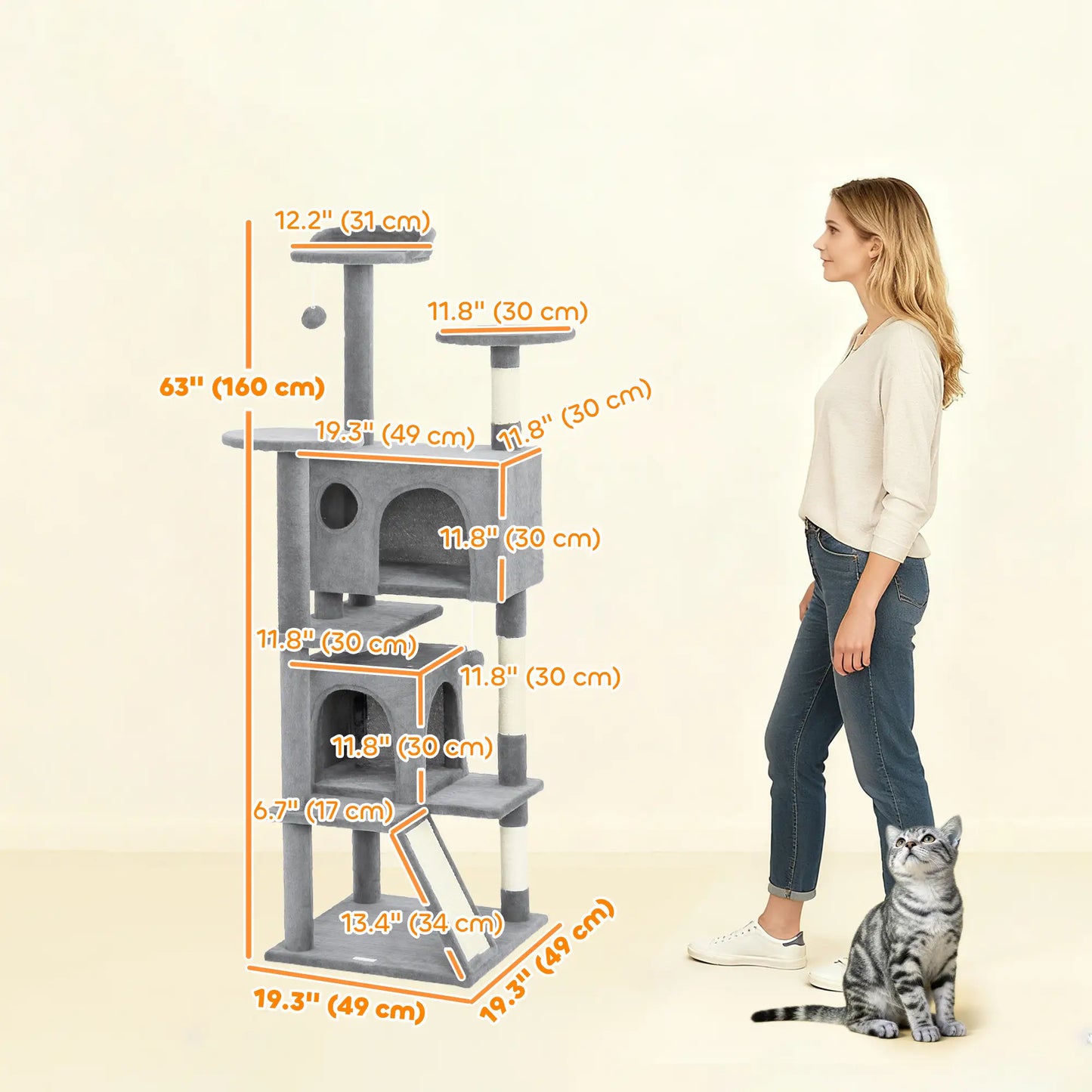 54" Cat Tree, Multi-Level Tower With Scratching Posts, Light Grey