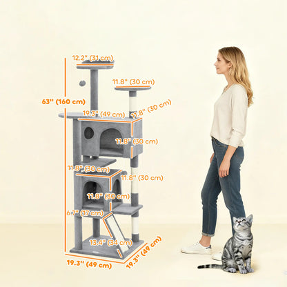 54" Cat Tree, Multi-Level Tower With Scratching Posts, Light Grey