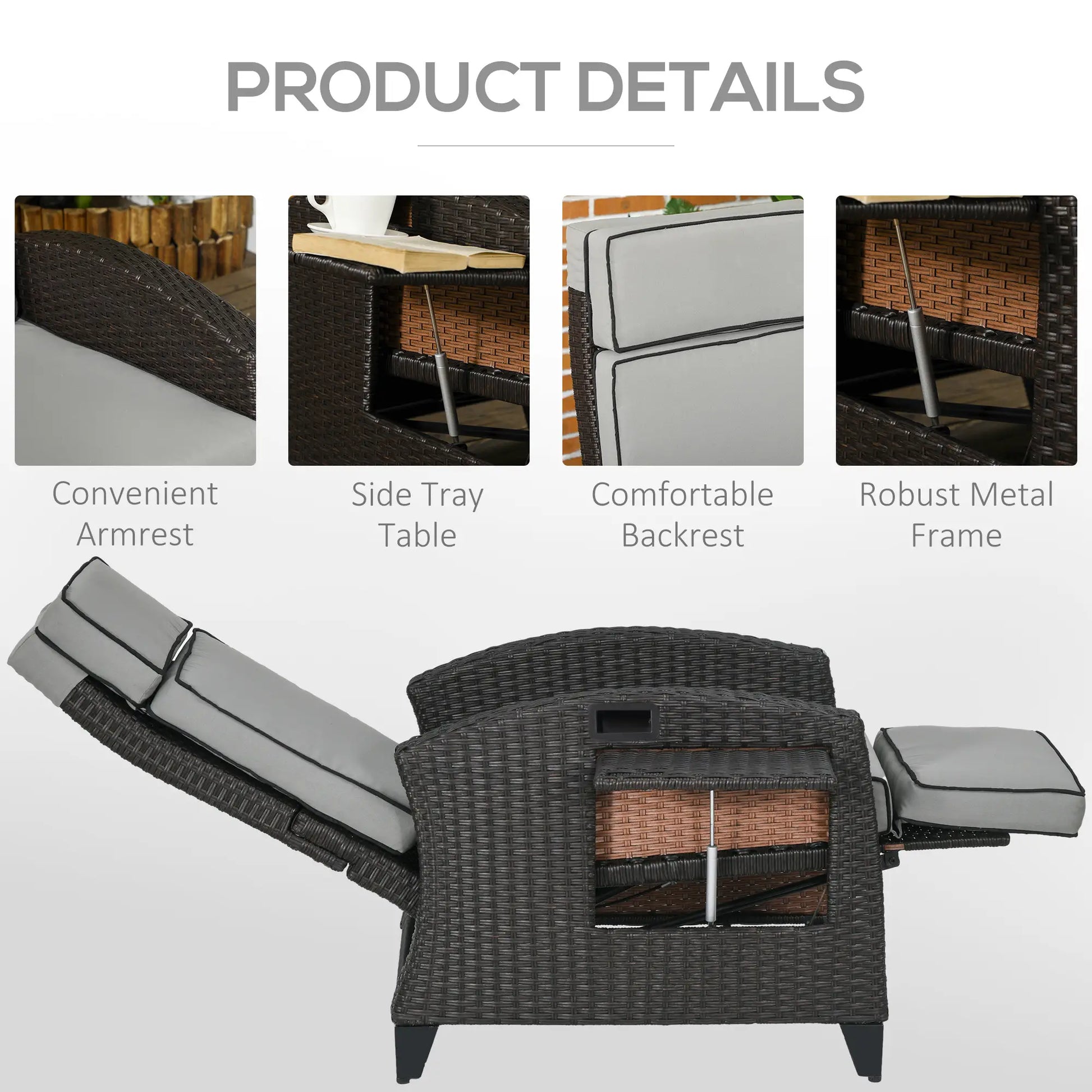 Outdoor Recliner Chair, Adjustable Backrest, Cushion, Side Tray, Light Grey Chaise Loungers at Gallery Canada