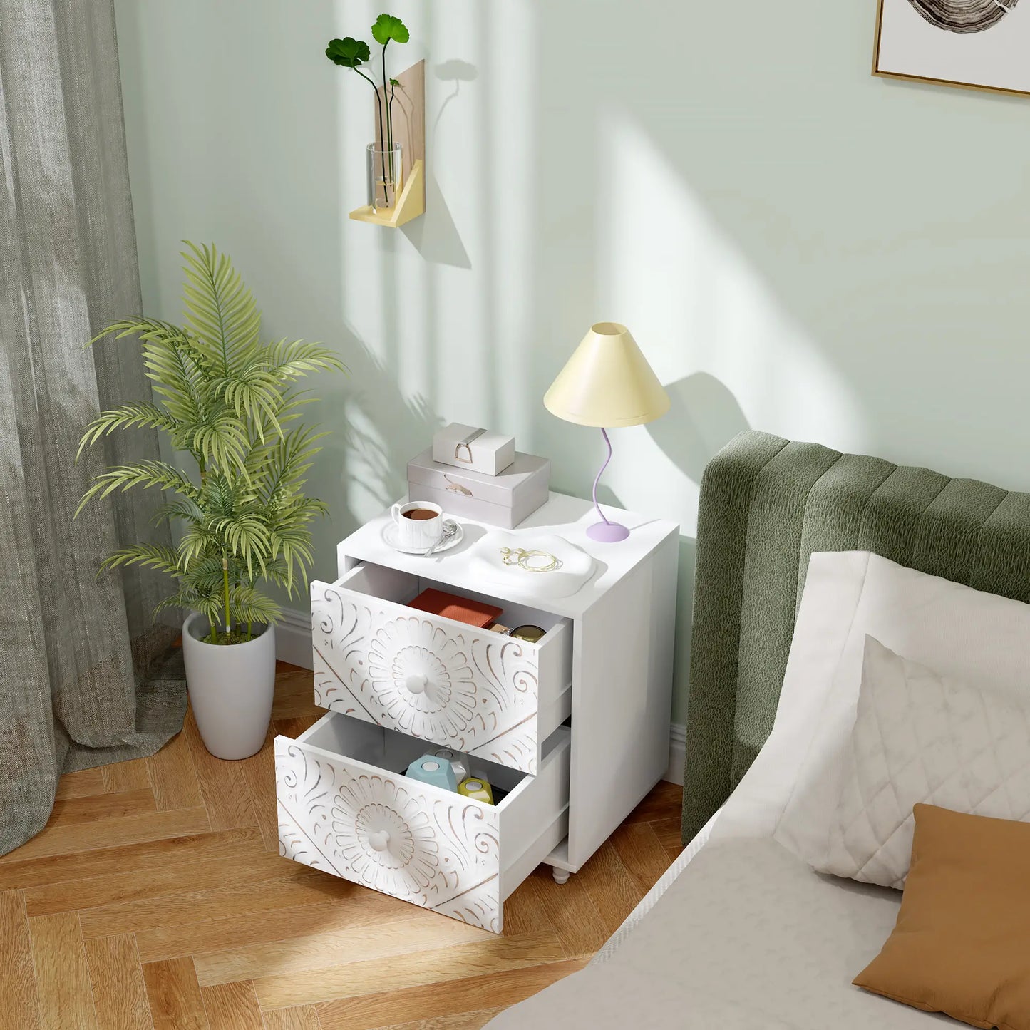 Mid-Century Bedside Table, Nightstand with 2 Drawers, White Bedside Tables at Gallery Canada