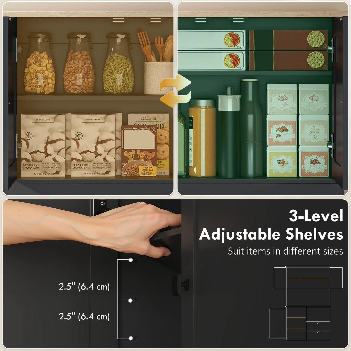 64" Kitchen Pantry Cabinet, 3 Cabinets, 2 Drawers, Adjustable Shelves, Black Kitchen Pantry Cabinets at Gallery Canada