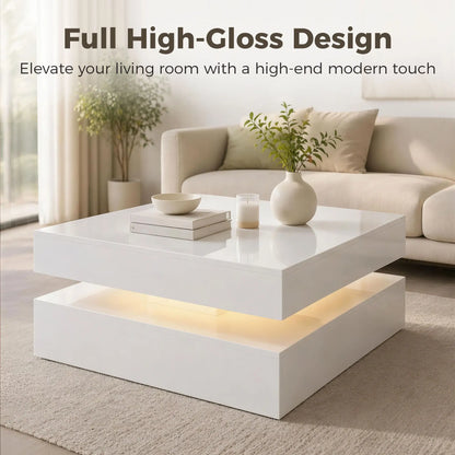 LED Coffee Table with Storage, 2-Tier Modern Center Table with Open Shelf and Remote for Living Room, High Gloss White