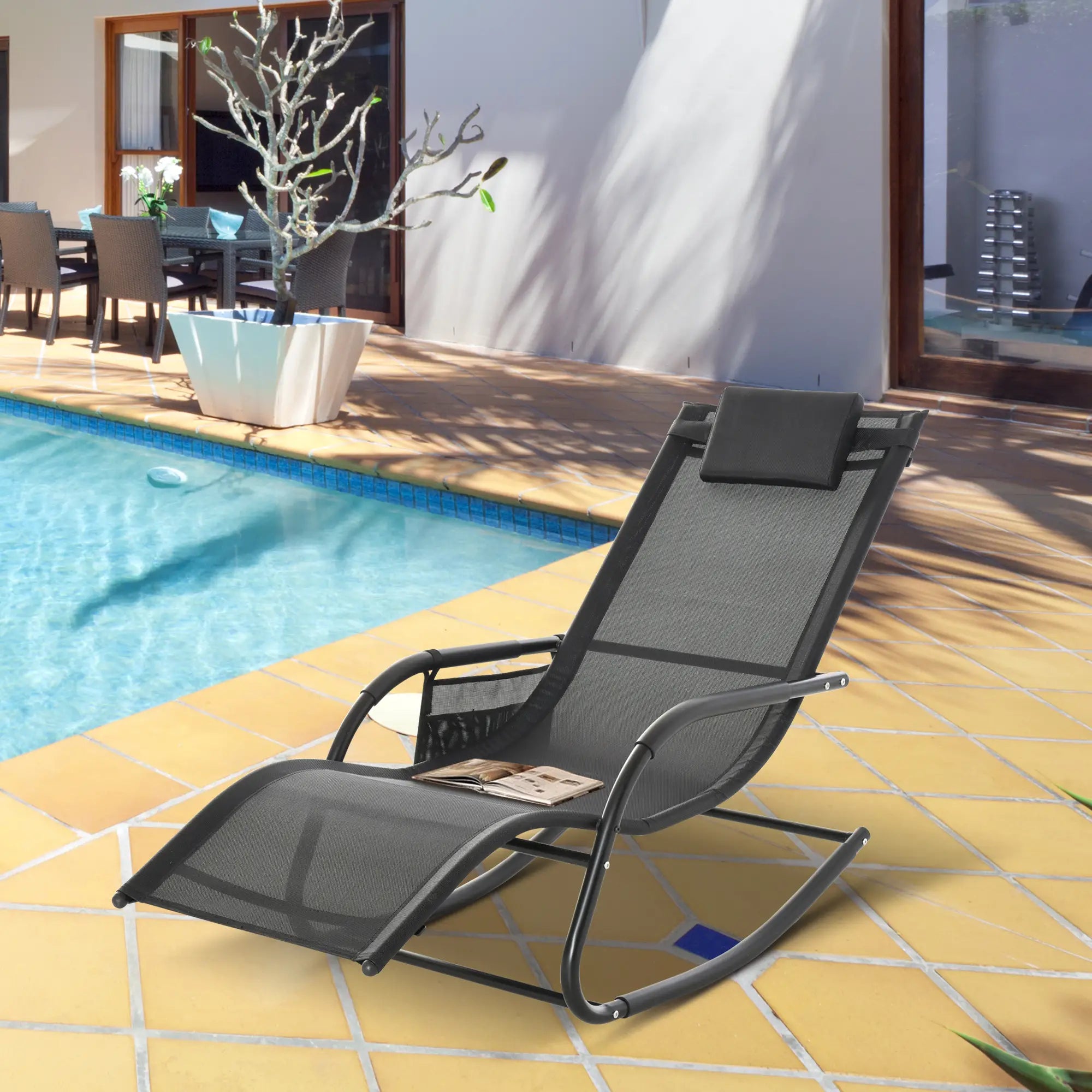 Outdoor Rocking Chair, Mesh Sling Lounger with Headrest, Black Outdoor Rocking Chairs at Gallery Canada