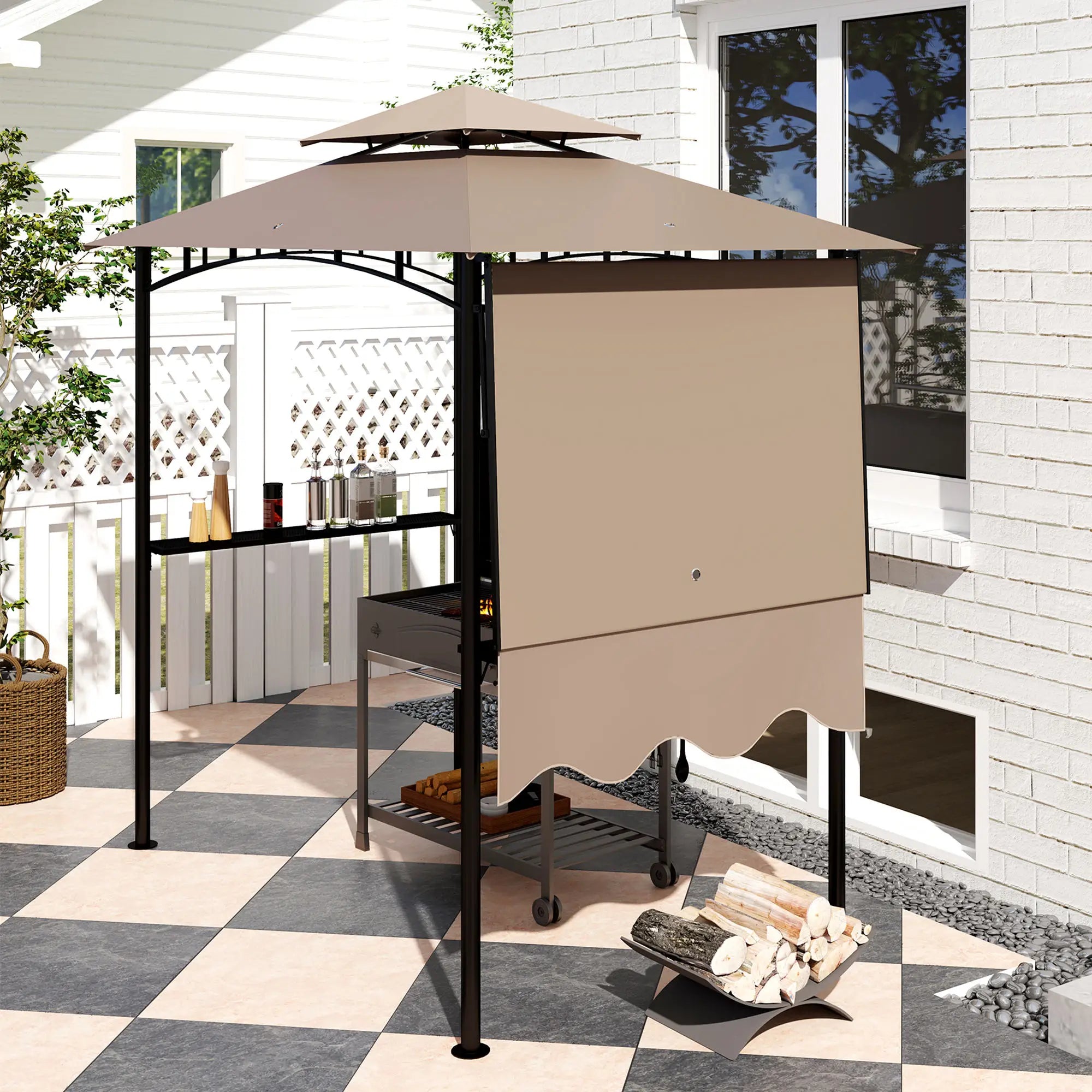 8' x 5' Grill Gazebo, Double Tiered Barbecue Shelter, Khaki BBQ Grill Gazebos at Gallery Canada