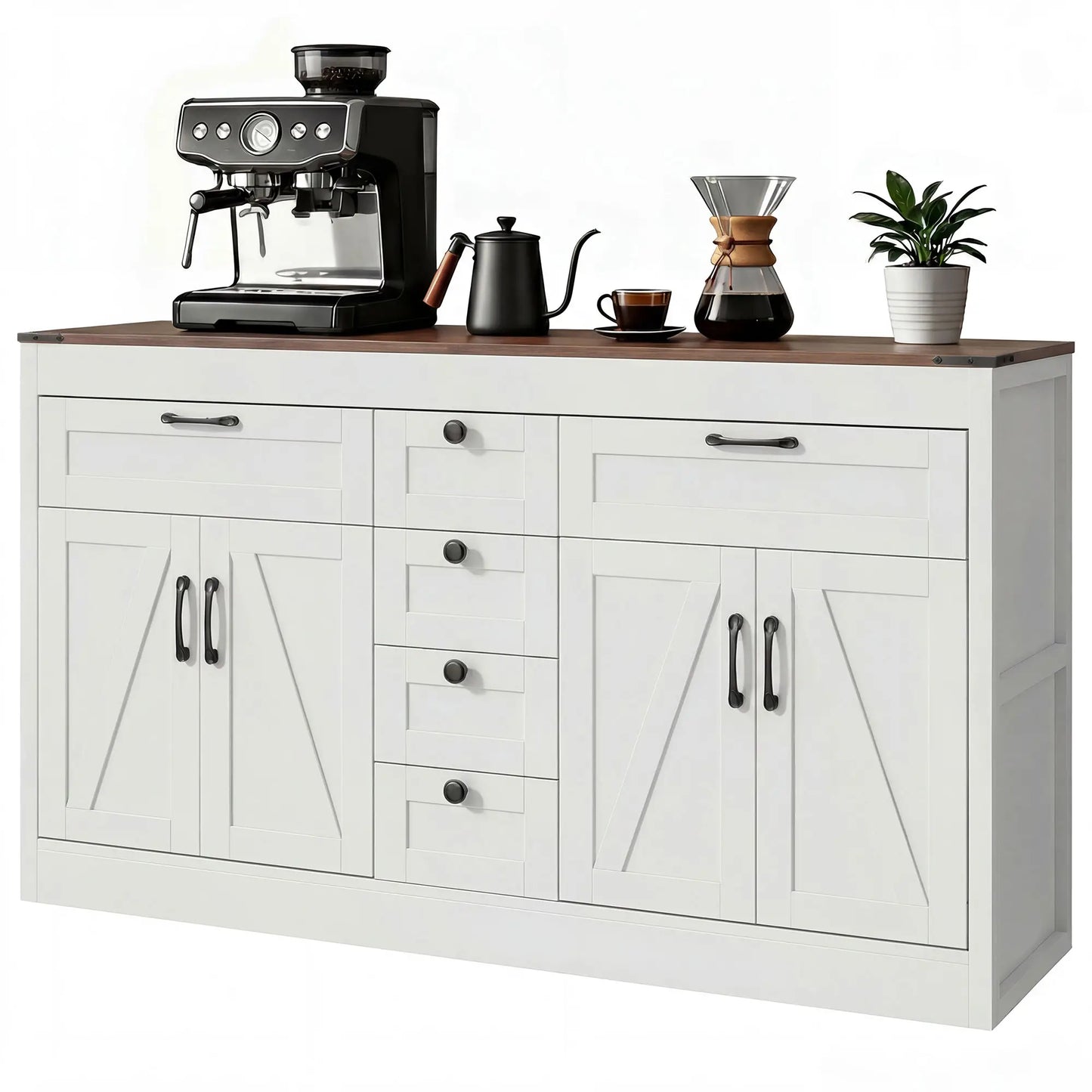 55" Sideboard Buffet Cabinet, Farmhouse Kitchen With Barn Doors, White Bar Cabinets White at Gallery Canada