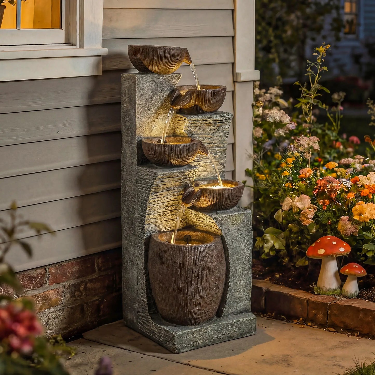 5-Tier Outdoor Water Fountain, Cascading Rock Waterfall, Grey Rustic Brown Water Fountains at Gallery Canada