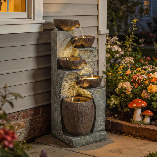 5-Tier Outdoor Water Fountain, Cascading Rock Waterfall, Grey Rustic Brown Water Fountains Grey, Rustic Brown at Gallery Canada