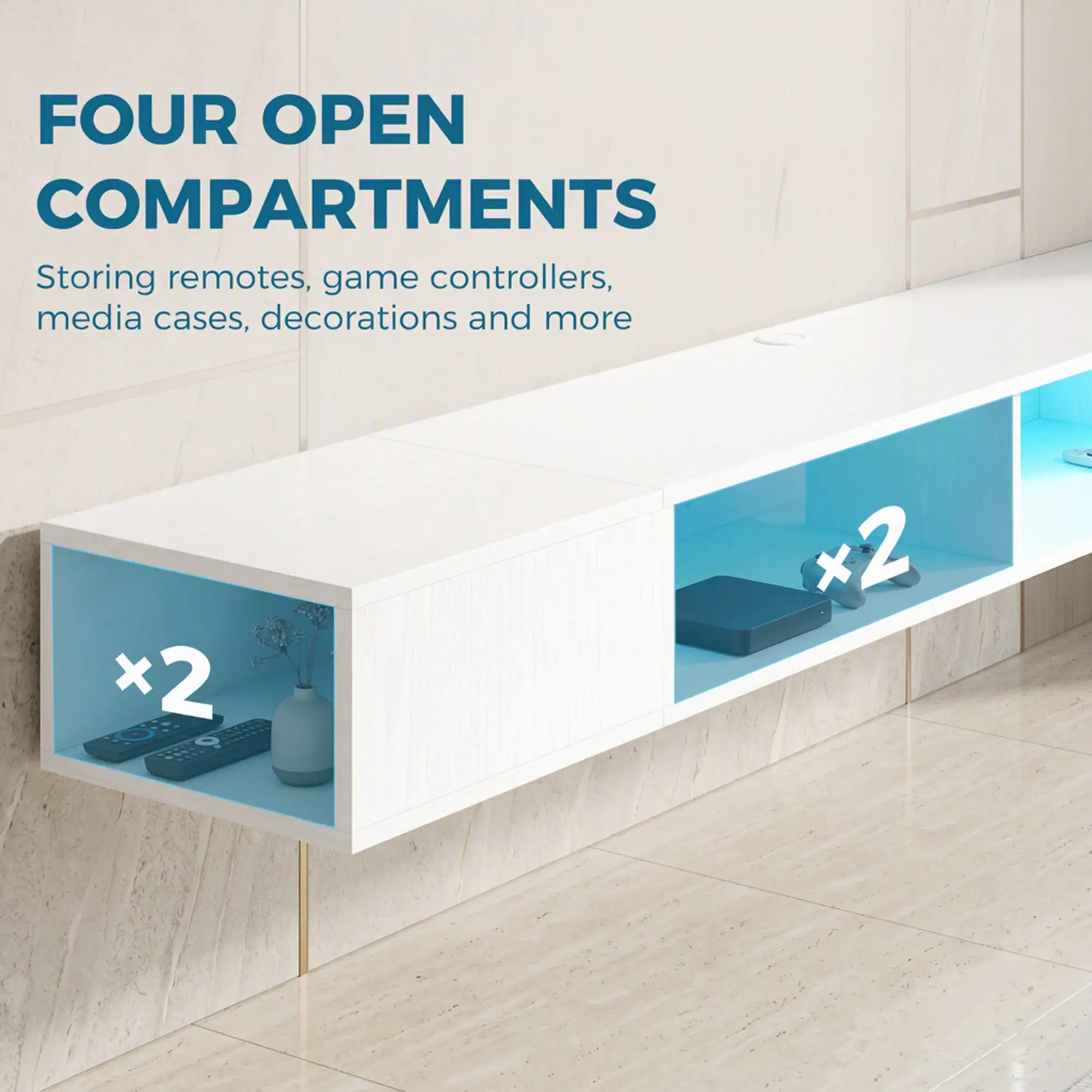 TV Stand with RGB LED Lights, Entertainment Center with Open Shelves for 75 Inch TV, White TV Stands at Gallery Canada