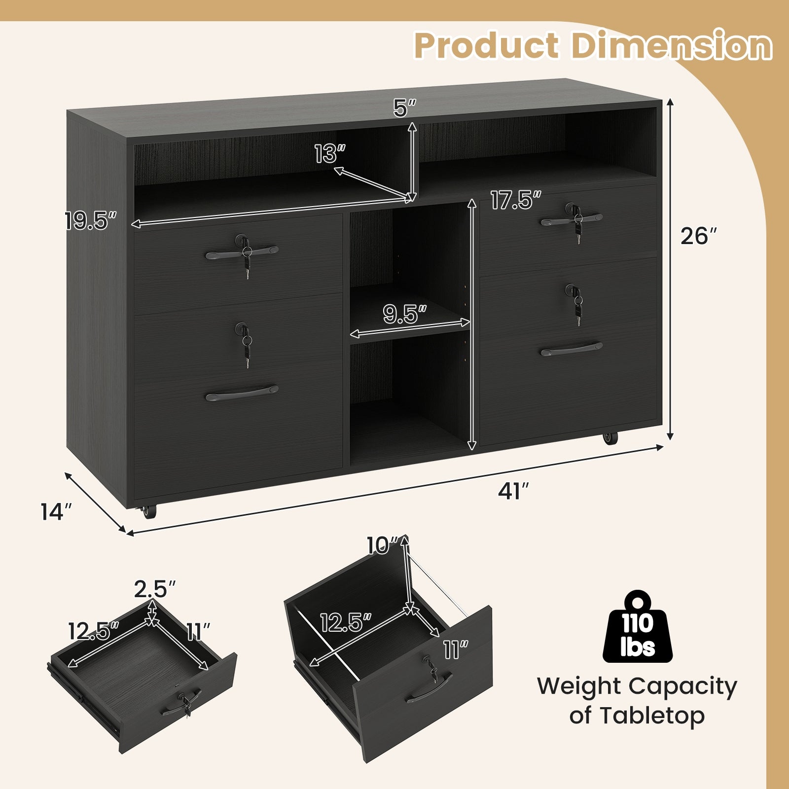 File Cabinet with Lock Mobile Lateral Filing Storage Organizer Modern Rolling Printer Stand, Black File Cabinets at Gallery Canada