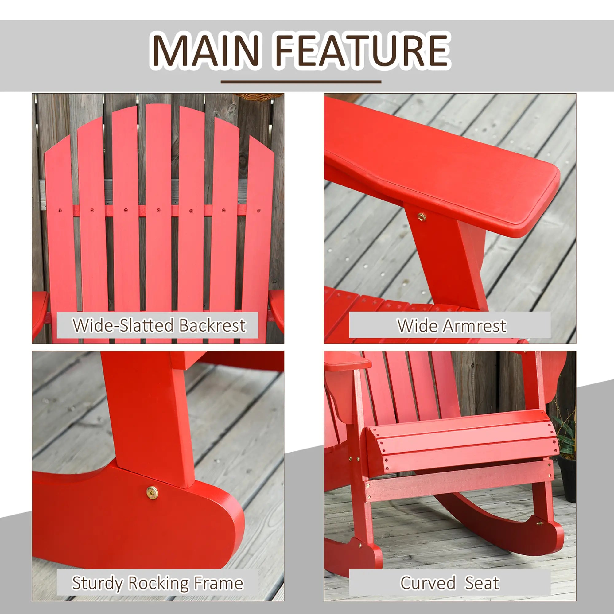 Wooden Adirondack Rocking Chair, Slatted Design, Fanned Back, Rustic, Red Outdoor Rocking Chairs at Gallery Canada