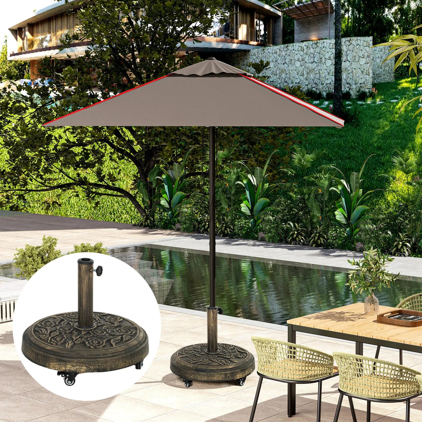 Round Patio Umbrella Base, 46 lbs Resin Stand with Wheels, Bronze Umbrella Bases at Gallery Canada