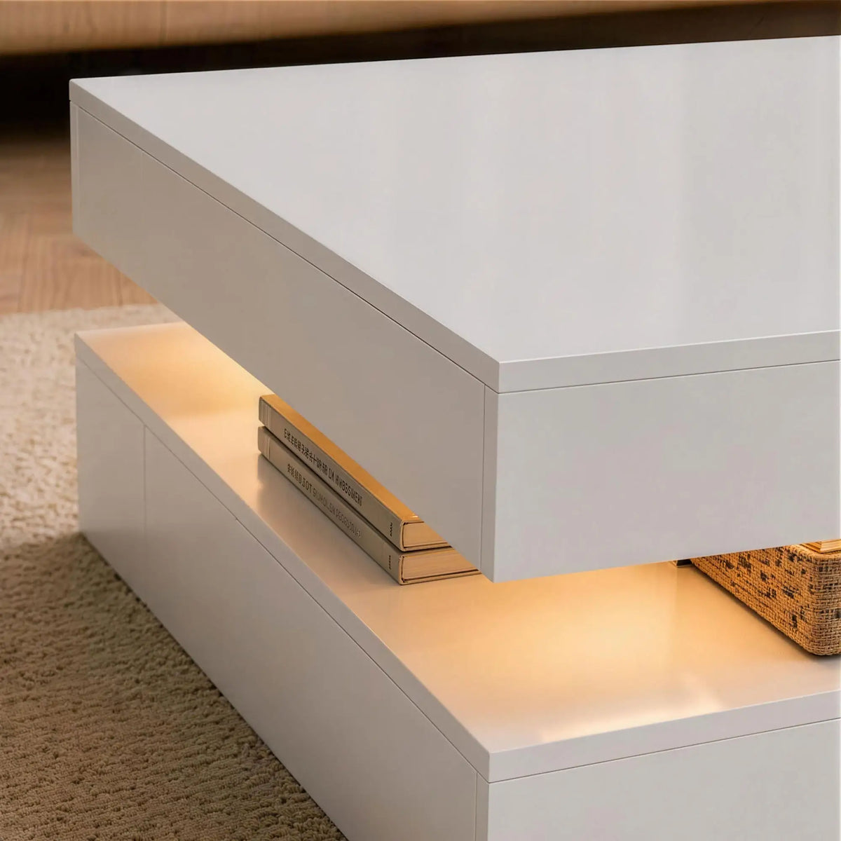 LED Coffee Table with Storage, 2-Tier Modern Center Table with Open Shelf and Remote for Living Room, High Gloss White Coffee Tables at Gallery Canada