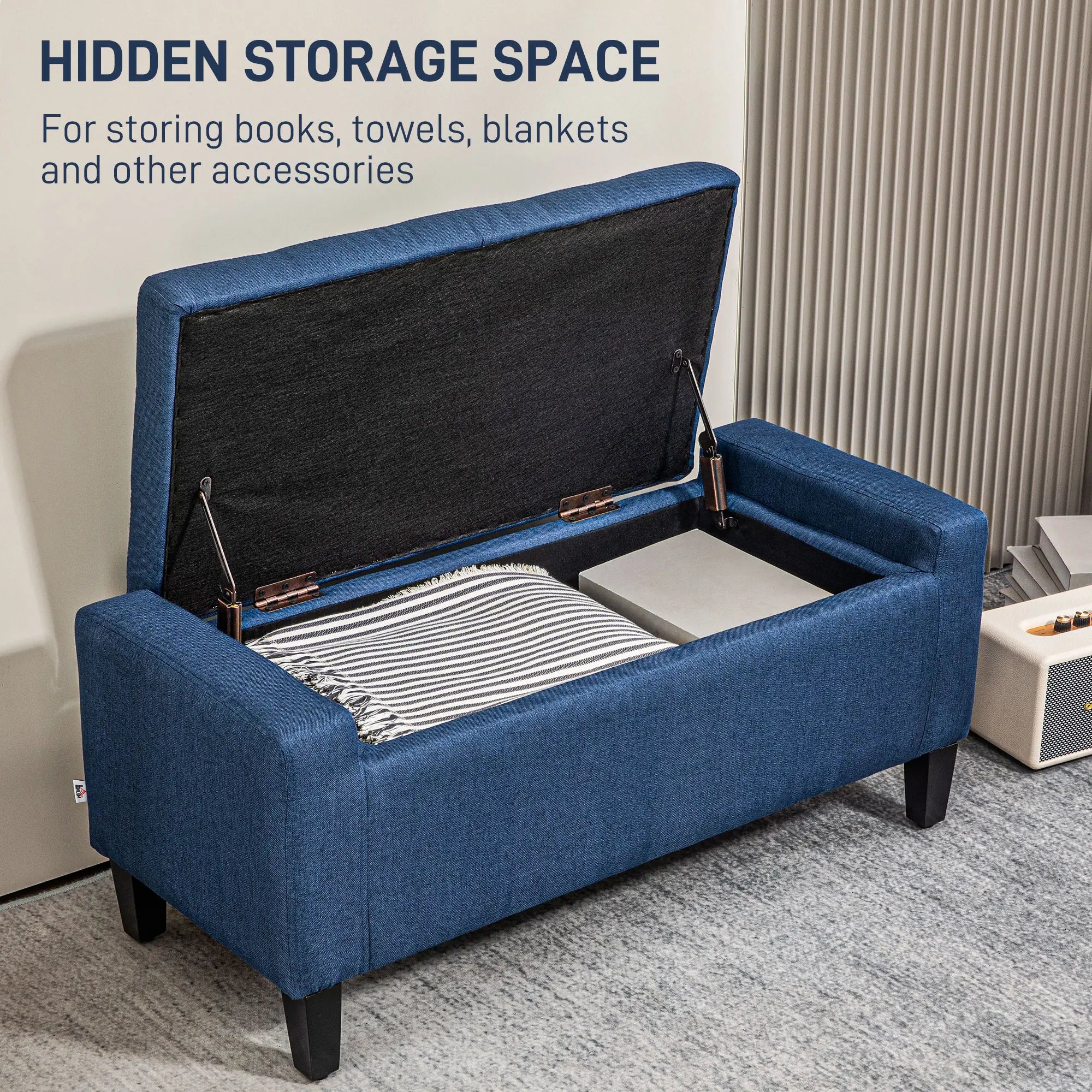 Storage Ottoman Bench, Linen Upholstered, Tufted, Dark Blue Storage Ottomans & Benches at Gallery Canada