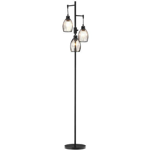 Industrial Floor Lamp, 3 Hanging Wire Lampshades, Dimmable, Black