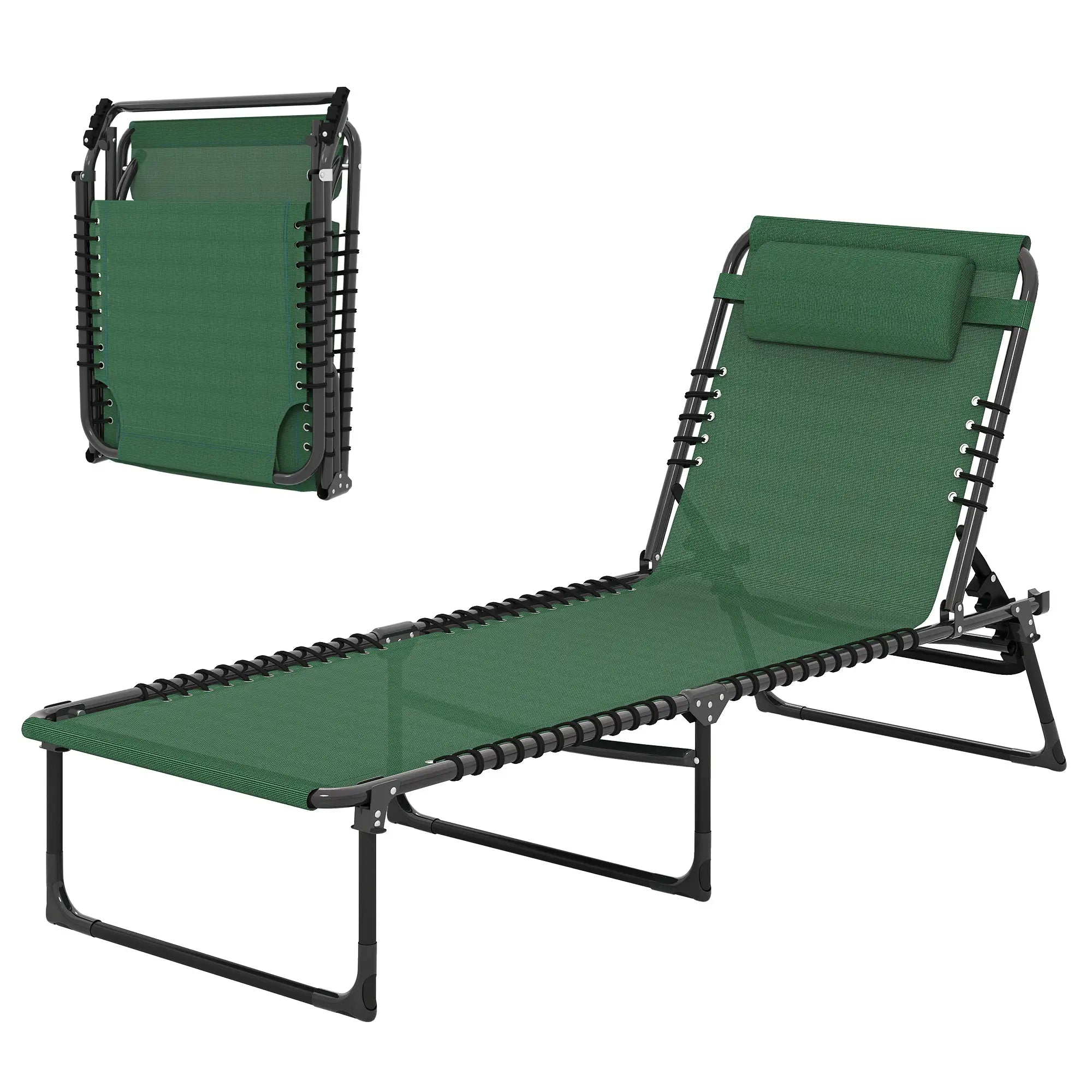 Folding Lounge Chair, Adjustable Chaise With Headrest, Reclining Cot, Green Lounger Chairs Green at Gallery Canada