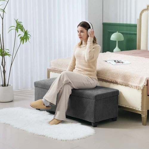 44 Inches Ottoman Storage Bench, Corduroy Lid, Grey