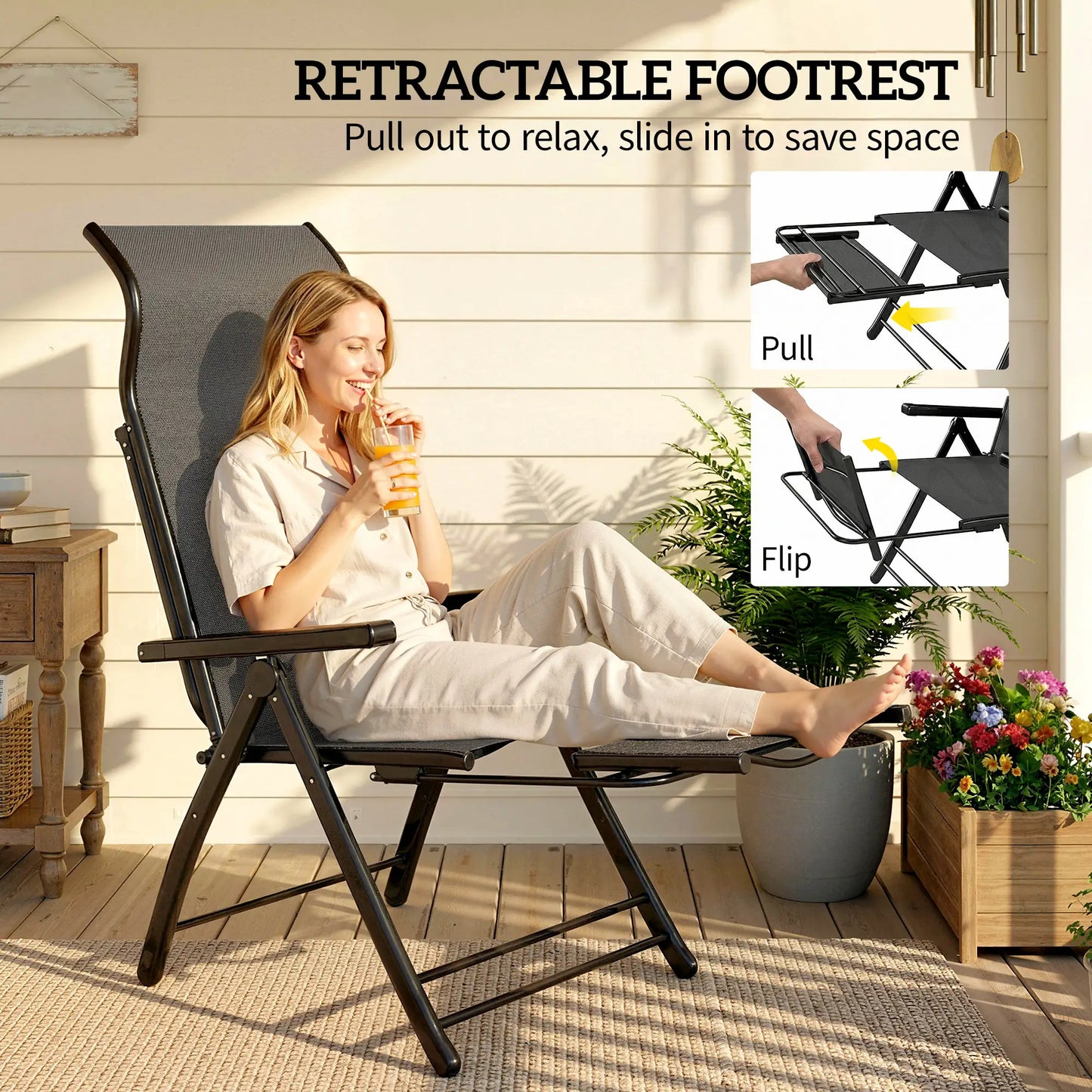 Folding Patio Chairs Set of 2, 5-Position Outdoor Lounge Chairs, Dark Grey Lounger Chairs at Gallery Canada