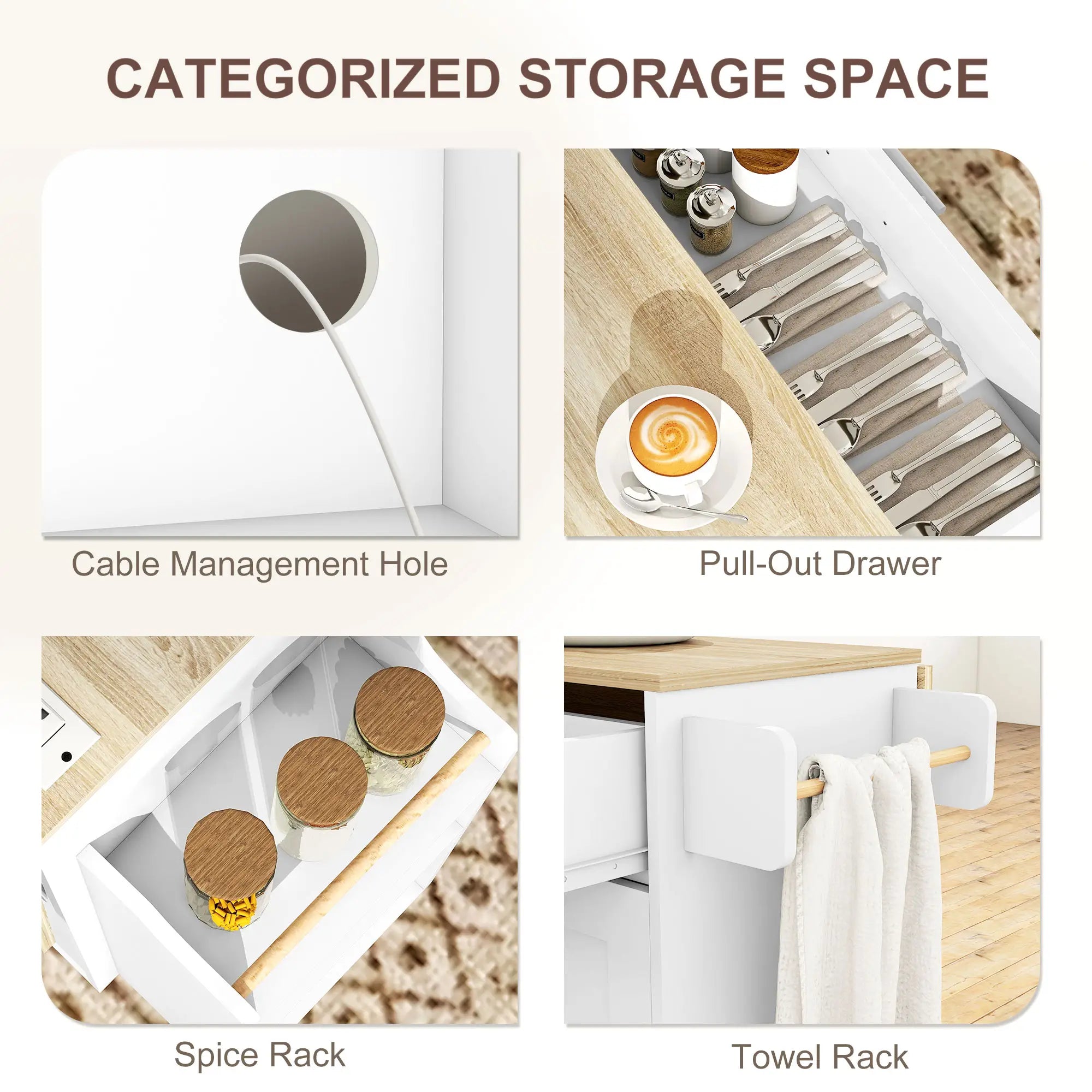 Kitchen Island with Storage, Rolling Cart, Foldable Drop Leaf, Power Outlet, USB Ports, White Kitchen Islands & Kitchen Carts at Gallery Canada