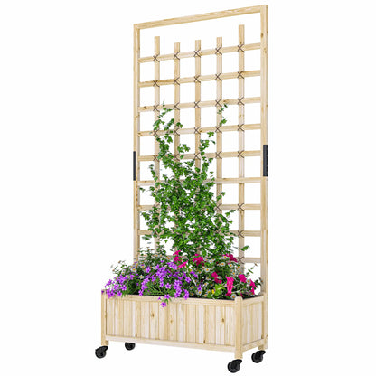 Wooden Planter With Trellis, Raised Garden Bed With Wheels, Drainage Holes