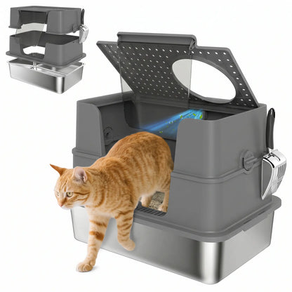 XL Stainless Litter Box With 100° Flip Top, Scoop, Dual Entry, Stainless